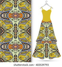 Vector fashion illustration. Women's dress on a hanger and seamless floral geometric pattern with hand drawn repeating texture. Isolated element for fabric print, scrapbook or invitation cards design.