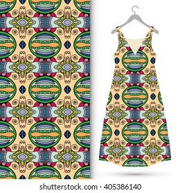 Vector fashion illustration. Women's dress on a hanger and seamless floral geometric pattern with hand drawn repeating texture. Isolated element for fabric print, scrapbook or invitation cards design.