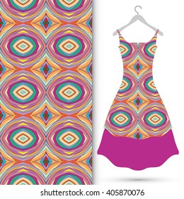 Vector fashion illustration. Women's dress on a hanger and seamless floral geometric pattern with hand drawn repeating texture. Isolated element for fabric print, scrapbook or invitation cards design.