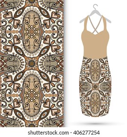 Vector fashion illustration. Women's dress on a hanger and seamless floral geometric pattern with hand drawn repeating texture. Isolated element for fabric print, scrapbook or invitation cards design.