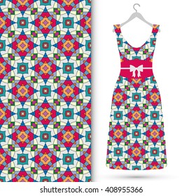 Vector fashion illustration. Women's dress on a hanger and seamless floral geometric pattern with hand drawn repeating texture. Isolated element for fabric print, scrapbook or invitation cards design.