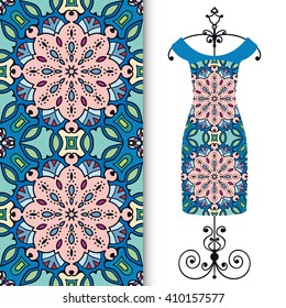 Vector fashion illustration. Women's dress on a hanger and seamless floral geometric pattern with hand drawn repeating texture. Isolated element for fabric print, scrapbook or invitation cards design.