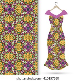 Vector fashion illustration. Women's dress on a hanger and seamless floral geometric pattern with hand drawn repeating texture. Isolated element for fabric print, scrapbook or invitation cards design.