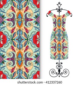 Vector fashion illustration. Women's dress on a hanger and seamless floral geometric pattern with hand drawn repeating texture. Isolated element for fabric print, scrapbook or invitation cards design.