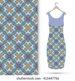 Vector fashion illustration. Women's dress on a hanger and seamless floral geometric pattern with hand drawn repeating texture. Isolated element for fabric print, scrapbook or invitation cards design.