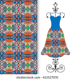 Vector fashion illustration. Women's dress on a hanger and seamless floral geometric pattern with hand drawn repeating texture. Isolated element for fabric print, scrapbook or invitation cards design.