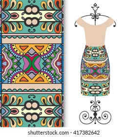 Vector fashion illustration. Women's dress on a hanger and seamless tribal ethnic pattern with hand drawn repeating texture. Isolated element for fabric print, scrapbook or invitation cards design.