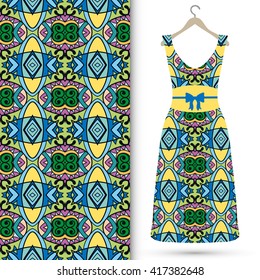 Vector fashion illustration. Women's dress on a hanger and seamless floral geometric pattern with hand drawn repeating texture. Isolated element for fabric print, scrapbook or invitation cards design.