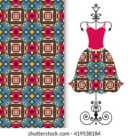 Vector fashion illustration. Women's dress on a hanger and seamless floral geometric pattern with hand drawn repeating texture. Isolated element for fabric print, scrapbook or invitation cards design.