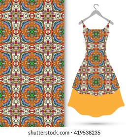 Vector fashion illustration. Women's dress on a hanger and seamless floral geometric pattern with hand drawn repeating texture. Isolated element for fabric print, scrapbook or invitation cards design.