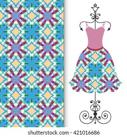 Vector fashion illustration. Women's dress on a hanger and seamless floral geometric pattern with hand drawn repeating texture. Isolated element for fabric print, scrapbook or invitation cards design.