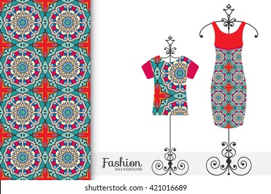 Vector fashion illustration. Women's dress and t-shirt on a hanger with seamless geometric pattern. Isolated elements for fabric print, scrapbook or invitation cards design.