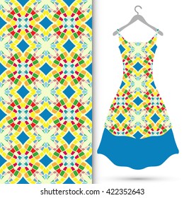 Vector fashion illustration. Women's dress on a hanger and seamless geometric pattern with repeating texture. Isolated element for fabric print, scrapbook or invitation cards design.