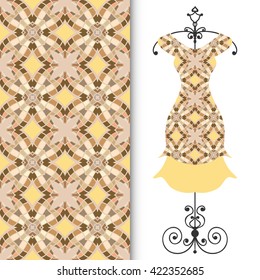 Vector fashion illustration. Women's dress on a hanger and seamless geometric pattern with repeating texture. Isolated element for fabric print, scrapbook or invitation cards design.
