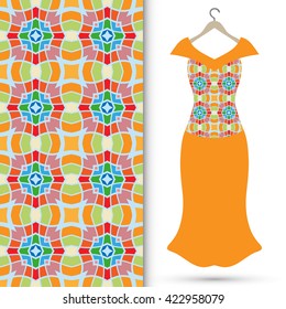 Vector fashion illustration. Women's dress on a hanger and seamless geometric pattern with repeating texture. Isolated element for fabric print, scrapbook or invitation cards design.