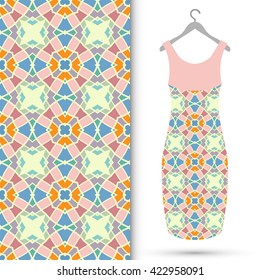 Vector fashion illustration. Women's dress on a hanger and seamless geometric pattern with repeating texture. Isolated element for fabric print, scrapbook or invitation cards design.