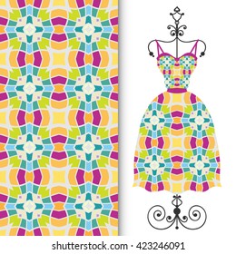 Vector fashion illustration. Women's dress on a hanger and seamless geometric pattern with repeating texture. Isolated element for fabric print, scrapbook or invitation cards design.