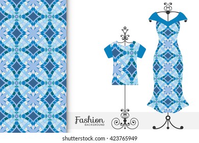 Vector fashion illustration. Women's dress and t-shirt on a hanger with seamless geometric pattern. Isolated elements for fabric print, scrapbook or invitation cards design.