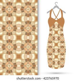 Vector fashion illustration. Women's dress on a hanger and seamless geometric pattern with repeating texture. Isolated element for fabric print, scrapbook or invitation cards design.