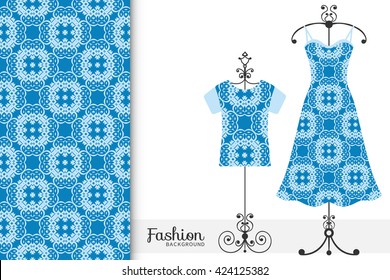 Vector fashion illustration. Women's dress and t-shirt on a hanger with seamless geometric pattern. Isolated elements for fabric print, scrapbook or invitation cards design.