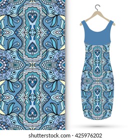 Vector fashion illustration. Women's dress on a hanger and seamless floral geometric pattern with hand drawn repeating texture. Isolated element for fabric print, scrapbook or invitation cards design.