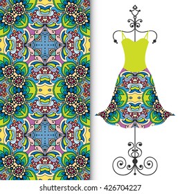 Vector fashion illustration. Women's dress on a hanger and seamless floral geometric pattern with hand drawn repeating texture. Isolated element for fabric print, scrapbook or invitation cards design.