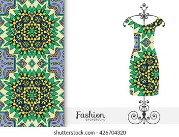 Vector fashion illustration. Women's dress on a hanger and seamless floral geometric pattern with hand drawn repeating texture. Isolated element for fabric print, scrapbook or invitation cards design.