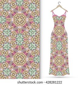Vector fashion illustration. Women's dress on a hanger and seamless floral geometric pattern with hand drawn repeating texture. Isolated element for fabric print, scrapbook or invitation cards design.