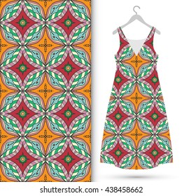 Vector fashion illustration. Women's dress on a hanger and seamless floral geometric pattern with hand drawn repeating texture. Isolated element for fabric print, scrapbook or invitation cards design.