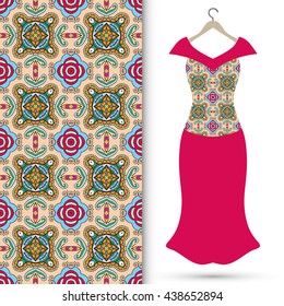 Vector fashion illustration. Women's dress on a hanger and seamless floral geometric pattern with hand drawn repeating texture. Isolated element for fabric print, scrapbook or invitation cards design.