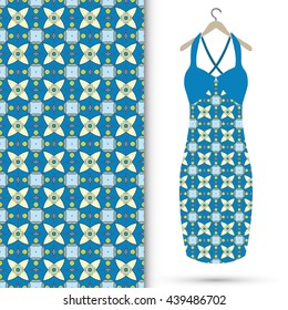Vector fashion illustration. Women's dress on a hanger and seamless floral geometric pattern with hand drawn repeating texture. Isolated element for fabric print, scrapbook or invitation cards design.