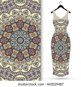 Vector fashion illustration. Women's dress on a hanger and seamless floral geometric pattern with hand drawn repeating texture. Isolated element for fabric print, scrapbook or invitation cards design.