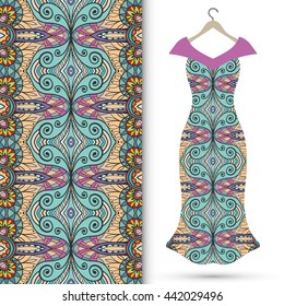 Vector fashion illustration. Women's dress on a hanger and seamless floral geometric pattern with hand drawn repeating texture. Isolated element for fabric print, scrapbook or invitation cards design.