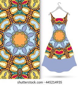 Vector fashion illustration. Women's dress on a hanger and seamless floral geometric pattern with hand drawn repeating texture. Isolated element for fabric print, scrapbook or invitation cards design.