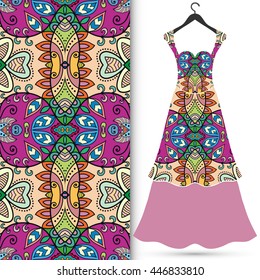 Vector fashion illustration. Women's dress on a hanger and seamless floral geometric pattern with hand drawn repeating texture. Isolated element for fabric print, scrapbook or invitation cards design.