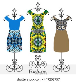 Vector fashion illustration, women's dress collection on a hanger, isolated design elements for Invitations or Cards, fabric or paper prints