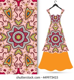 Vector fashion illustration. Women's dress on a hanger and seamless floral geometric pattern with hand drawn repeating texture. Isolated element for fabric print, scrapbook or invitation cards design.
