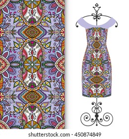Vector fashion illustration. Women's dress on a hanger and seamless floral geometric pattern with hand drawn repeating texture. Isolated element for fabric print, scrapbook or invitation cards design.