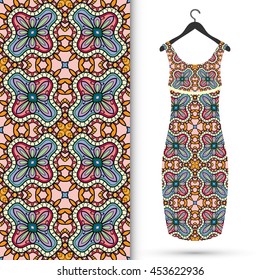 Vector fashion illustration. Women's dress on a hanger and seamless floral geometric pattern with hand drawn repeating texture. Isolated element for fabric print, scrapbook or invitation cards design.