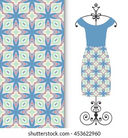Vector fashion illustration. Women's dress on a hanger and seamless floral geometric pattern with hand drawn repeating texture. Isolated element for fabric print, scrapbook or invitation cards design.