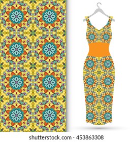 Vector fashion illustration. Women's dress on a hanger and seamless floral geometric pattern with hand drawn repeating texture. Isolated element for fabric print, scrapbook or invitation cards design.