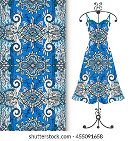 Vector fashion illustration. Women's dress on a hanger and seamless floral geometric pattern with hand drawn repeating texture. Isolated element for fabric print, scrapbook or invitation cards design.