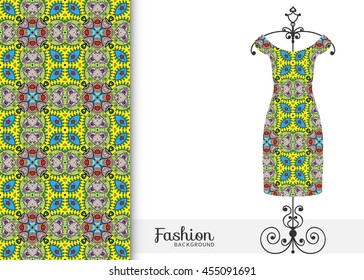Vector fashion illustration. Women's dress on a hanger and seamless floral geometric pattern with hand drawn repeating texture. Isolated element for fabric print, scrapbook or invitation cards design.