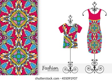 Vector fashion illustration. Women's dress and t-shirt on a hanger with seamless geometric pattern. Isolated elements for fabric print, scrapbook or invitation cards design.