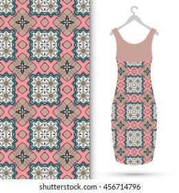 Vector fashion illustration. Women's dress on a hanger and seamless floral geometric pattern with hand drawn repeating texture. Isolated element for fabric print, scrapbook or invitation cards design.