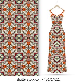 Vector fashion illustration. Women's dress on a hanger and seamless floral geometric pattern with hand drawn repeating texture. Isolated element for fabric print, scrapbook or invitation cards design.