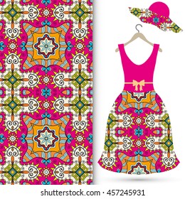 Vector fashion illustration. Women's dress on a hanger and seamless floral geometric pattern with hand drawn repeating texture. Isolated element for fabric print, scrapbook or invitation cards design.