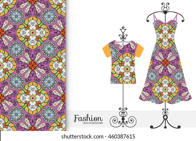 Vector fashion illustration. Women's dress and t-shirt on a hanger with seamless geometric pattern. Isolated elements for fabric print, scrapbook or invitation cards design.