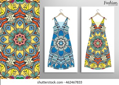 Vector fashion illustration. Women's dress collection and seamless floral geometric pattern with hand drawn repeating texture. Isolated elements for fabric print, scrapbook or invitation cards design.