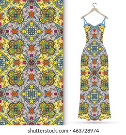 Vector fashion illustration. Women's dress on a hanger and seamless floral geometric pattern with hand drawn repeating texture. Isolated element for fabric print, scrapbook or invitation cards design.